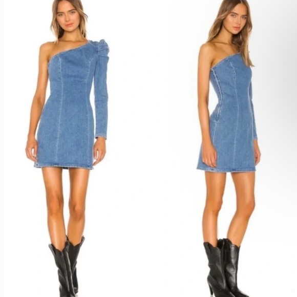 GRLFRND Ellie Puff-Sleeve One-Shoulder Denim Dress XS - Picture 11 of 14